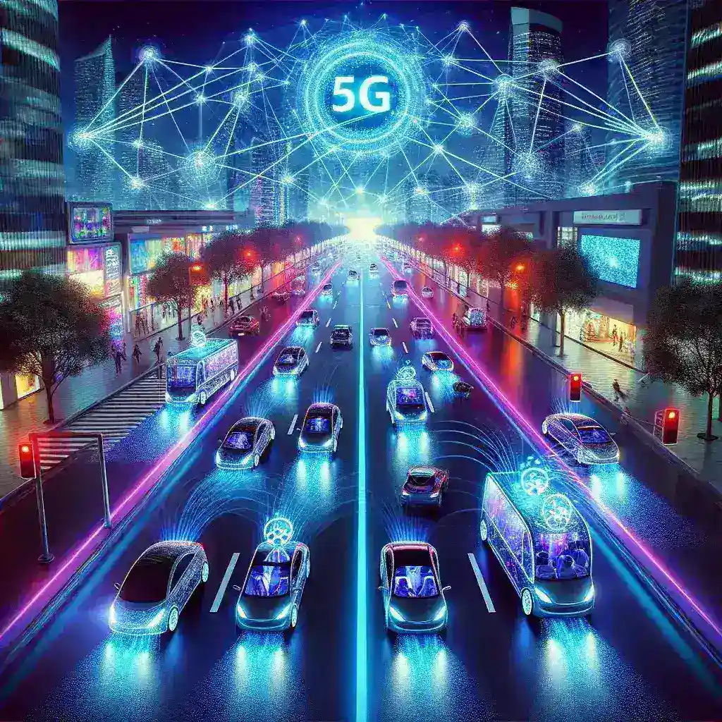 "Veículo autônomo equipado com tecnologia 5G em uma estrada moderna, simbolizando a revolução e aceleração da adoção de carros autônomos com a inovação da rede 5G."