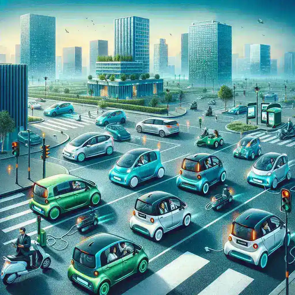 "Imagem de um carro elétrico compacto em uma cidade, ilustrando a crescente Popularidade de veículos elétricos no transporte por aplicativos."